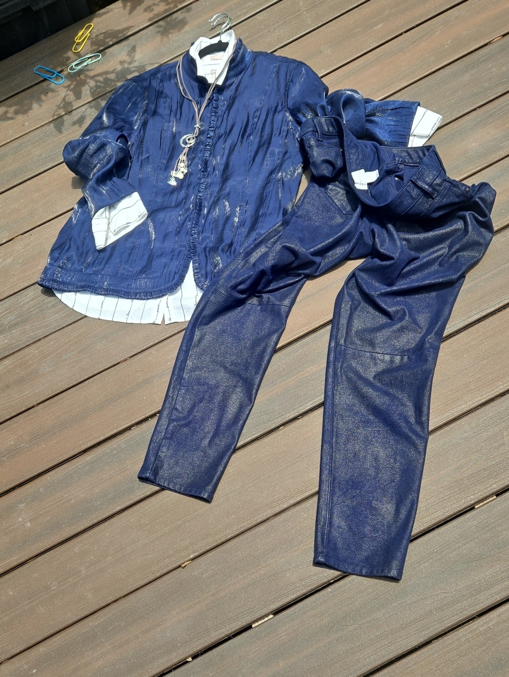 Chico's Navy Shimmer Cocktail Suit W/Shirt and Necklace